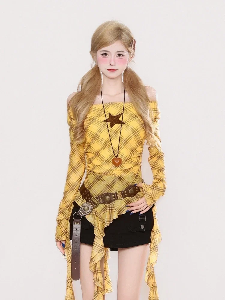 Y2K Plaid Slash Neck Vintage T - Embroidery review and price