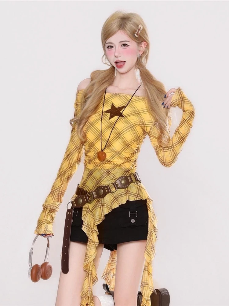 Y2K Plaid Slash Neck Vintage T - Embroidery review and price